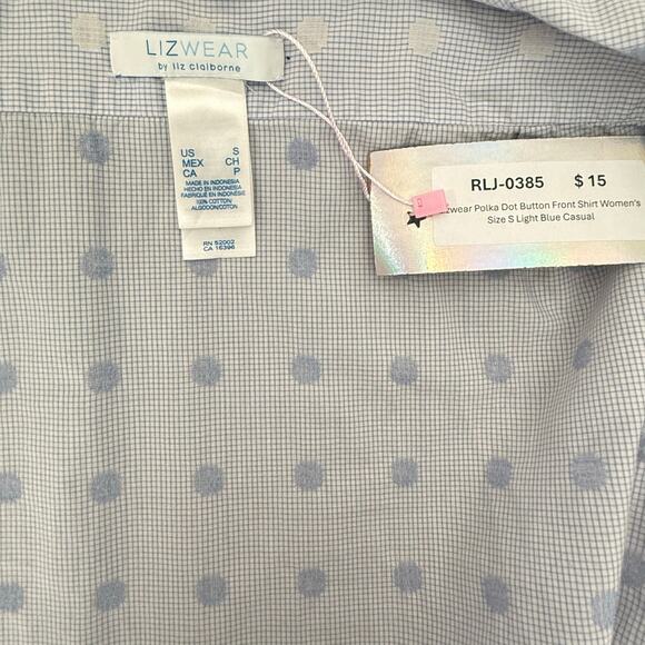Lizwear Polka Dot Button Front Shirt Women's Size S Light Blue Casual - Picture 5 of 7